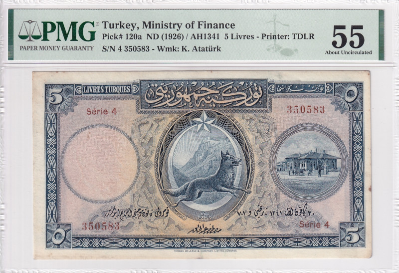 Turkey, 5 Livres, 1927, AUNC, p120, 1. Emission

PMG 55

Estimate: USD 2.500...