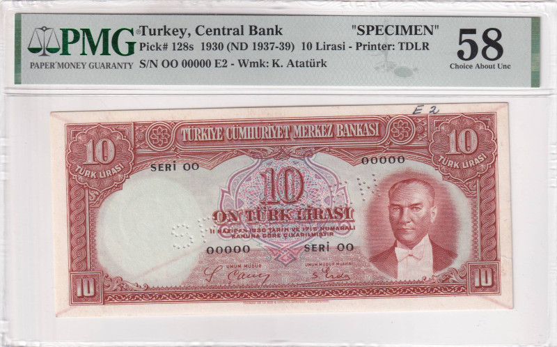 Turkey, 10 Lira, 1938, AUNC, p128, 2.Emission

PMG 58, SPECIMEN

Estimate: U...