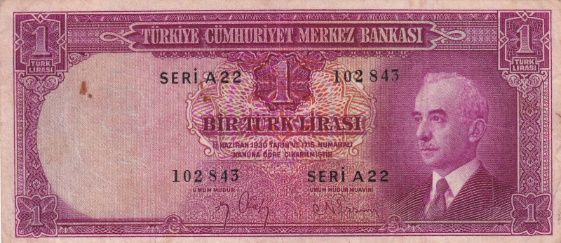 Turkey, 1 Lira, 1942, VF, p135

Stained

Estimate: USD 30-60