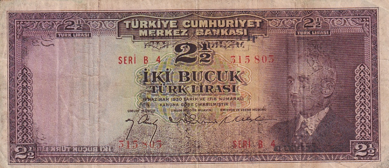 Turkey, 2 1/2 Lira, 1947, VF, p140, 3.Emission

Stained

Estimate: USD 50-10...