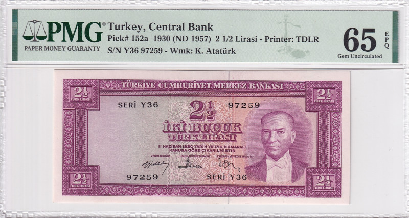 Turkey, 2 1/2 Lira, 1957, UNC, p152, 5.Emission

PMG 65 EPQ, It has serial tra...