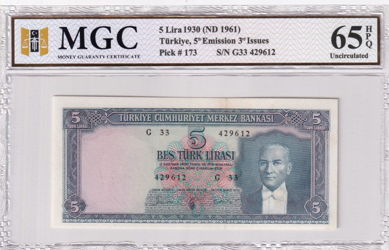 Turkey, 5 Lira, 1961, UNC, p173a, 5.Emission

MGC 65 HPQ

Estimate: USD 300-...