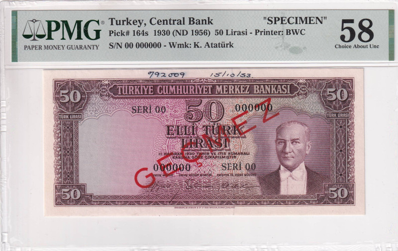 Turkey, 50 Lira, 1956, AUNC, p164s, 5.Emission

PMG 58, SPECIMEN

Estimate: ...