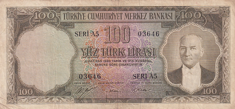 Turkey, 100 Lira, 1952, VF, p167, 5.Emission

There are wear on the edges of t...