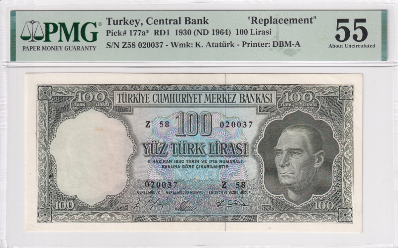 Turkey, 100 Lira, 1964, AUNC, p177, REPLACEMENT

5.Emission, PMG 55, Rare

E...