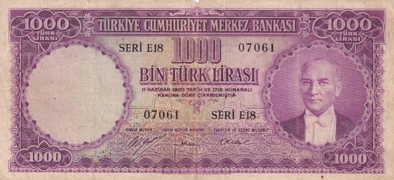 Turkey, 1.000 Lira, 1953, VF(-), p172, 5.Emission

Light handling

Estimate:...