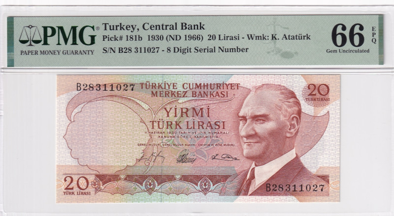 Turkey, 20 Lira, 1966, UNC, p181b, 6.Emission

PMG 66 EPQ, 8 Digit serial numb...