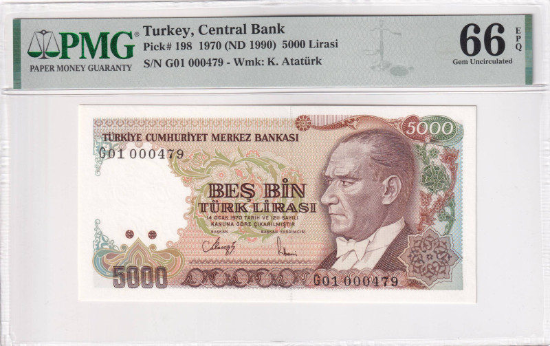 Turkey, 5.000 Lira, 1990, UNC, p198, 7.Emission

PMG 66 EPQ, Low Serial Number...