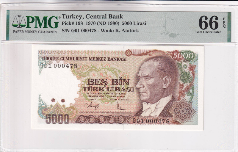 Turkey, 5.000 Lira, 1990, UNC, p198, 7.Emission

PMG 66 EPQ, Low Serial Number...