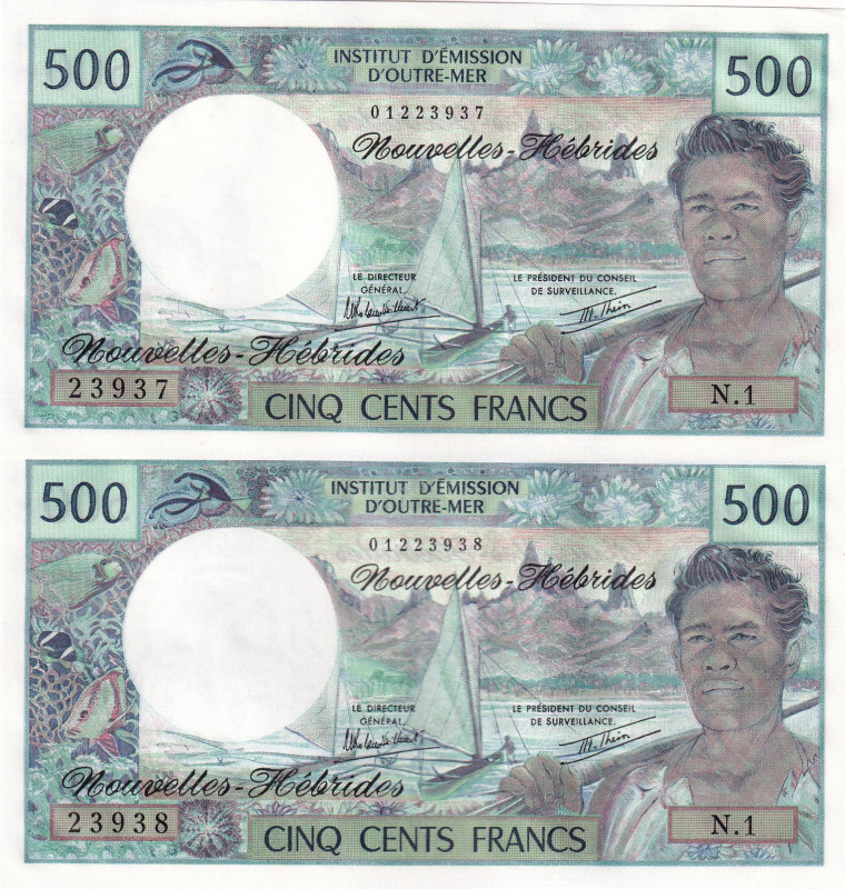 New Hebrides, 500 Francs, 1970/1981, UNC, p19c, (Total 2 consecutive banknotes)...