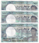New Hebrides, 500 Francs, 1970/1981, UNC, p19c, (Total 3 consecutive banknotes)
