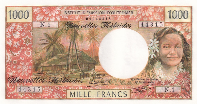 New Hebrides, 1.000 Francs, 1970/1980, UNC(-), p20c

Light handling

Estimat...