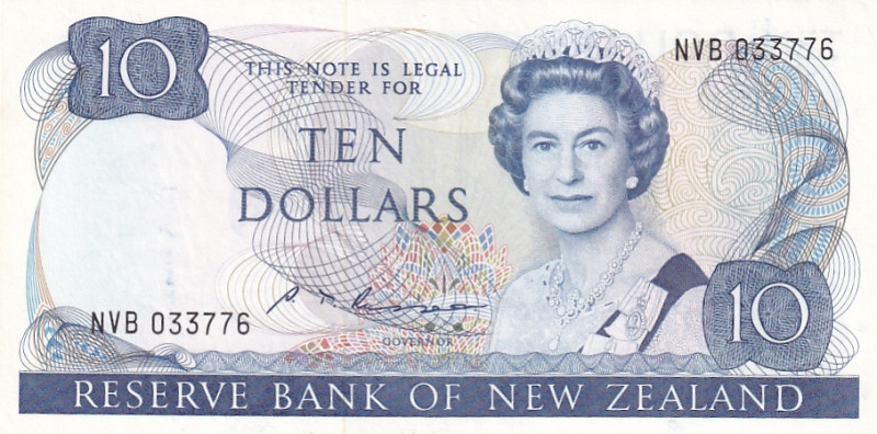 New Zealand, 10 Dollars, 1981/1992, UNC, p172b

Queen Elizabeth II Portrait
...