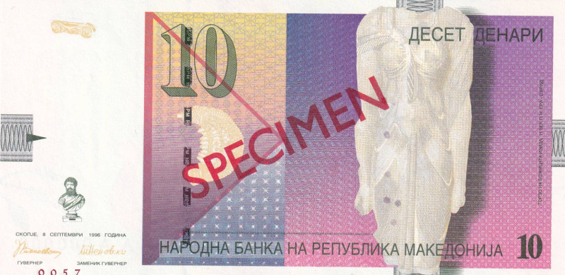 North Macedonia, 10 Denari, 1996, UNC, p14as, SPECIMEN

There are small rips o...