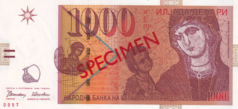 North Macedonia, 1.000 Denari, 1996, UNC, p18as, SPECIMEN

Estimate: USD 50-10...