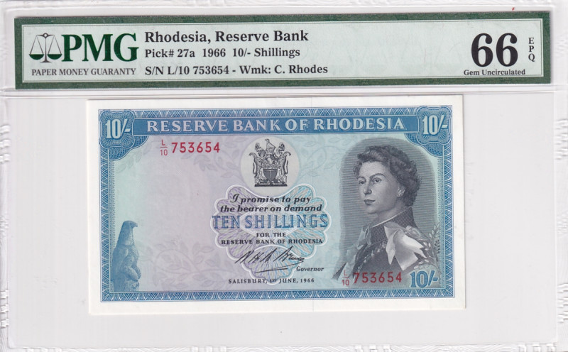 Rhodesia, 10 Shillings, 1966, UNC, p27a

PMG 66 EPQ, Queen Elizabeth II. Potra...