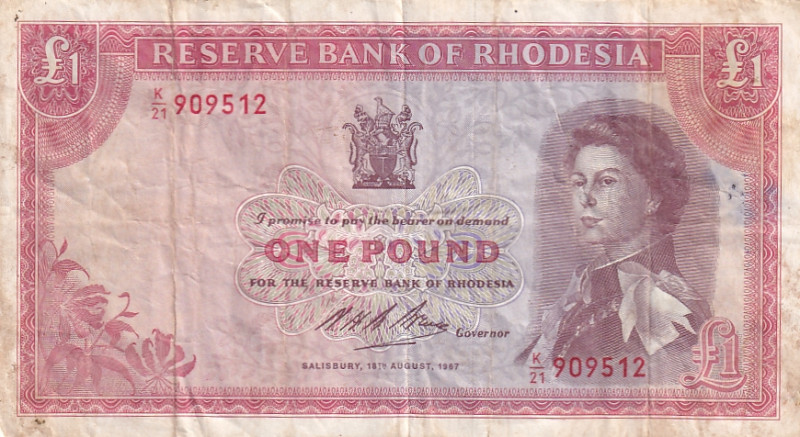 Rhodesia, 1 Pound, 1967, VF, p28c

Queen Elizabeth II Portrait, There are stai...