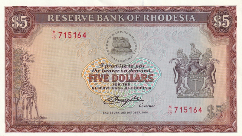 Rhodesia, 5 Dollars, 1978, UNC, p36b

Estimate: USD 50-100