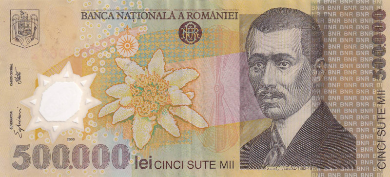 Romania, 500.000 Lei, 2000, XF, p115a

Polymer

Estimate: USD 20-40