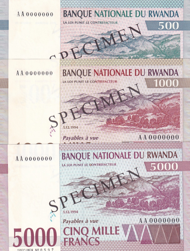 Rwanda, 500-1.000-5.000 Francs, 1994, UNC, p23as; p24as; p25as, SPECIMEN

(Tot...