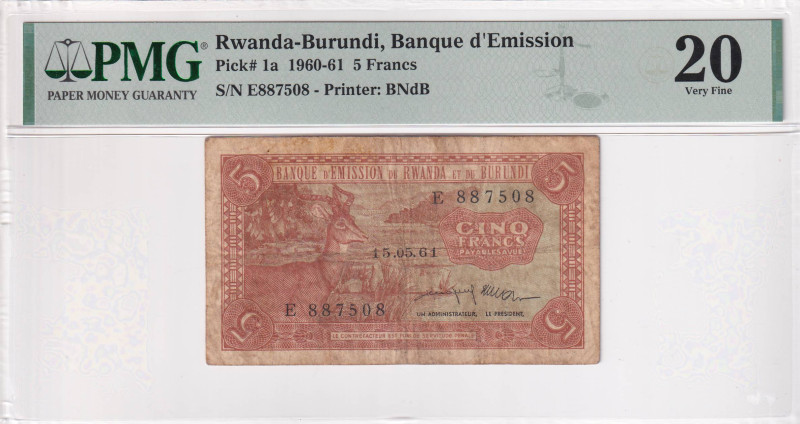 Rwanda-Burundi, 5 Francs, 1960/1961, VF, p1a

PMG 20

Estimate: USD 100-200