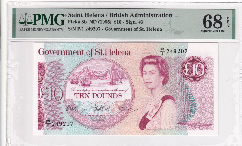 Saint Helena, 10 Pounds, 1985, UNC, p8b

PMG 68 EPQ, High Condition 

Estima...