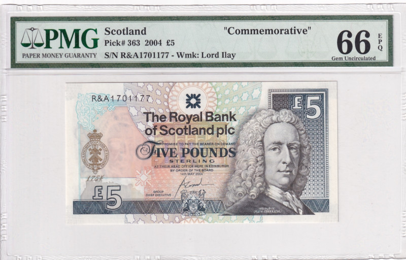 Scotland, 5 Pounds, 2004, UNC, p363

PMG 66 EPQ, Commemorative banknot

Esti...