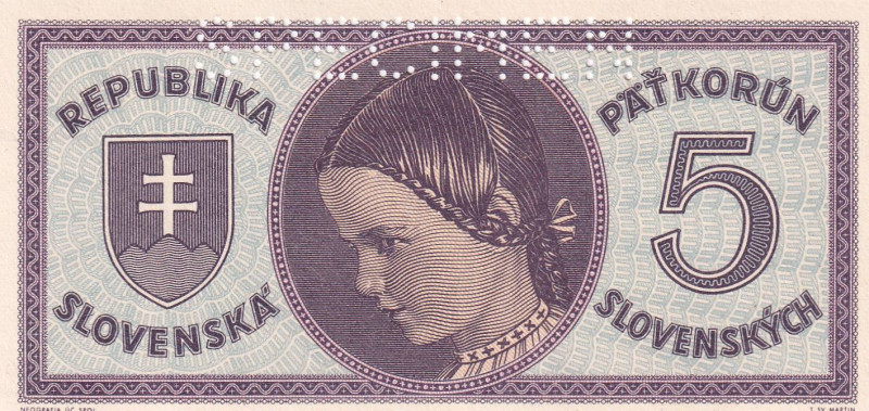 Slovakia, 5 Korun, 1945, UNC, p8a, SPECIMEN

Estimate: USD 50-100