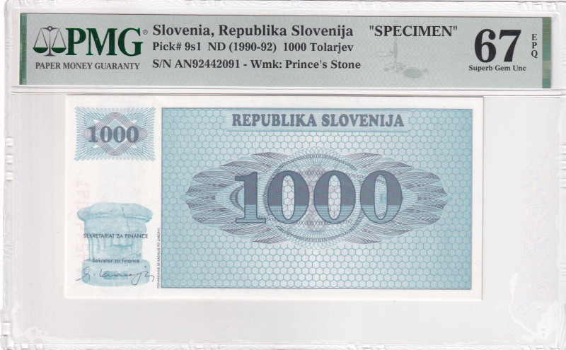 Slovenia, 1.000 Tolarjev, 1990/1992, UNC, p9s1, SPECIMEN

PMG 67 EPQ, High con...