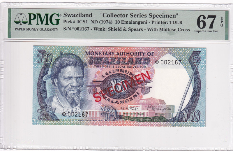 Swaziland, 10 Emalangeni, 1974, UNC, p4CS1, SPECIMEN

PMG 67 EPQ, High conditi...