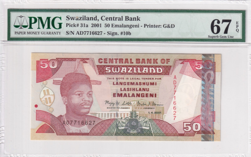 Swaziland, 50 Emalangeni, 2001, UNC, p31a

PMG 67 EPQ, High condition 

Esti...