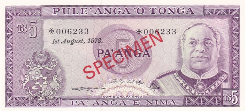 Tonga, 5 Pa'anga, 1978, UNC, p21s, SPECIMEN

Estimate: USD 20-40