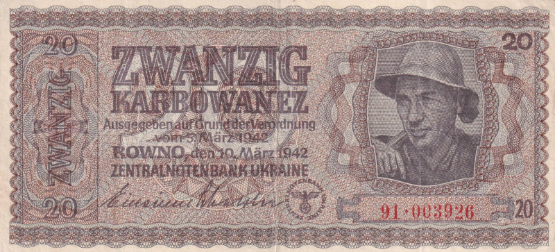 Ukraine, 20 Karbowanez, 1942, VF, p53

Estimate: USD 20-40