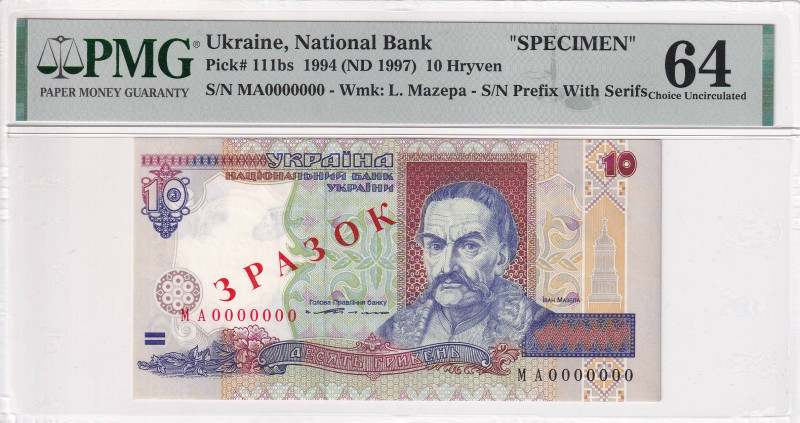 Ukraine, 10 Hryven, 1997, UNC, p111bs, SPECIMEN

PMG 64

Estimate: USD 100-2...