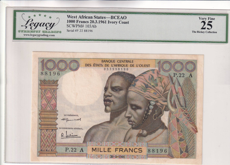 West African States, 1.000 Francs, 1961, VF, p103Ab

LGC 25, "A'' Ivory Coast...