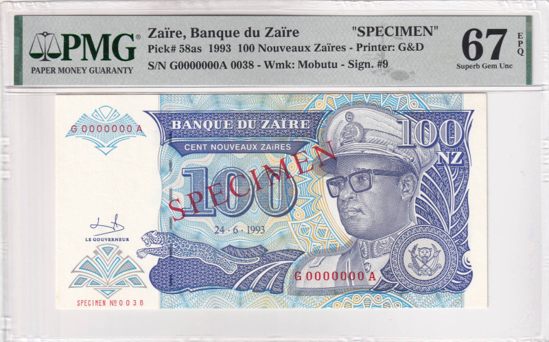 Zaire, 10 Nouveaux Francs, 1993, UNC, p58as, SPECIMEN

PMG 67 EPQ, High condit...