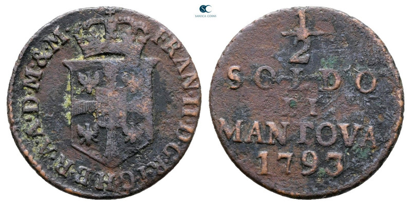 Italy. Mantova AD 1793. 
1/2 Soldo CU

16 mm, 1,16 g



Good Fine