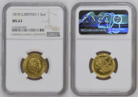 GREAT BRITAIN King George III (1760-1820) Sovereign 1818 gold Gr.7,98. Spink 3785; Marsh 2; Mintage 2.347.230. NGC MS63 (n.6133254-003) RARE IN THIS G...
