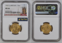 GREAT BRITAIN Queen Elizabeth II (1952-2022) Sovreign 1957 gold Gr.8. Spink 4124; Marsh 297; Mintage 2.072.000 LONDON. NGC MS66 (n.6632942-010) TOP GR...