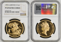 GREAT BRITAIN Queen Elizabeth II (1952-2022) 5 Pounds 1993 gold Gr.39,94. Spink SE3; Mintage 1.078 LONDON. NGC PF69 ULTRA CAMEO (n.6642697-001) Third ...