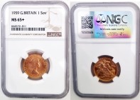 GREAT BRITAIN Queen Elizabeth II (1952-2022) Sovreign 1959 gold Gr.8. Spink 4125; Marsh 299; Mintage 1.385.228 LONDON. NGC MS65+ (n.6645151-011)