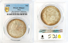 PERU Republic (1822-present) 1 Sol 1934 gold Gr.25. KM218.2; Mintage 2.855.000 LIMA. PCGS MS64+ (n.43946000) Ex Pat Johnson Collection
