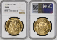 PERU Republic (1822-present) 100 Soles 1957 gold Gr.46,80. FR78; KM231; Mintage 550 LIMA. NGC MS65 (n.6770480-001) VERY RARE IN THIS GRADE
