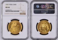 PERU Republic (1822-present) 50 Soles 1957 gold Gr.22,40. FR79; KM230; Mintage 11.000 LIMA. NGC MS66 (n.2730460-016) RARE DATE