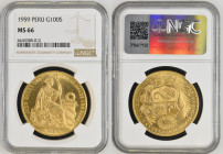 PERU Republic (1822-present) 100 Soles 1959 gold Gr.46,80. FR78; KM231; Mintage 4.710 LIMA. NGC MS66 (n.6640388-012) RARE IN THIS GRADE