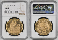 PERU Republic (1822-present) 100 Soles 1963 gold Gr.46,80. FR78; KM231; Mintage 7.342 LIMA. NGC MS65 (n.6771633-001) BRILLIANT SURFACE