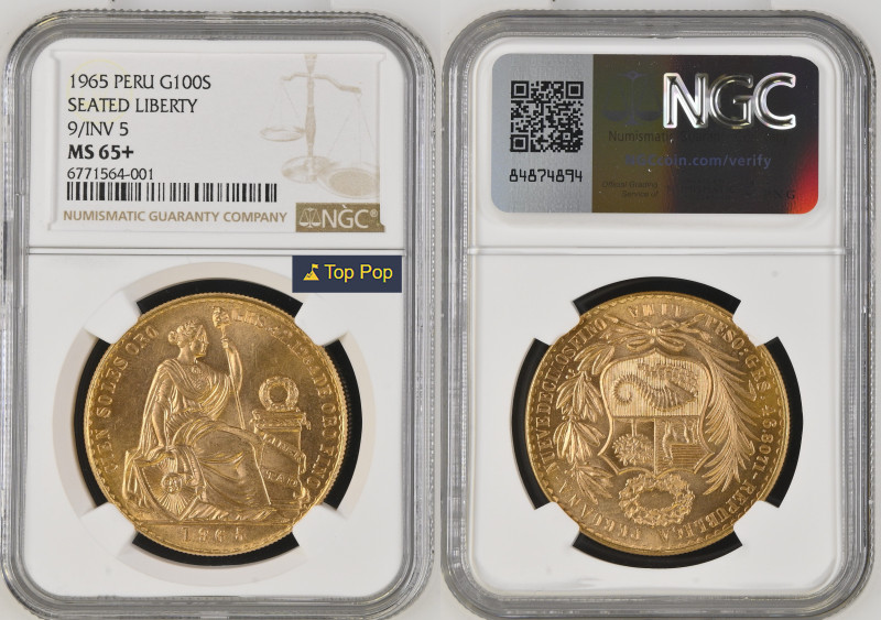 PERU Republic (1822-present) 100 Soles Seated Liberty 1965 9/INVERTED 5 gold Gr....