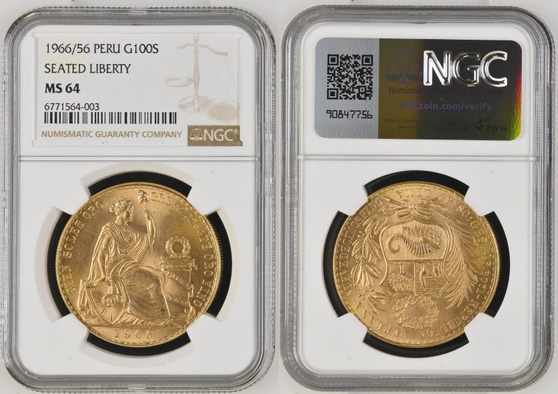 PERU Republic (1822-present) 100 Soles Seated Liberty 1966/56 gold Gr.46,80. FR7...