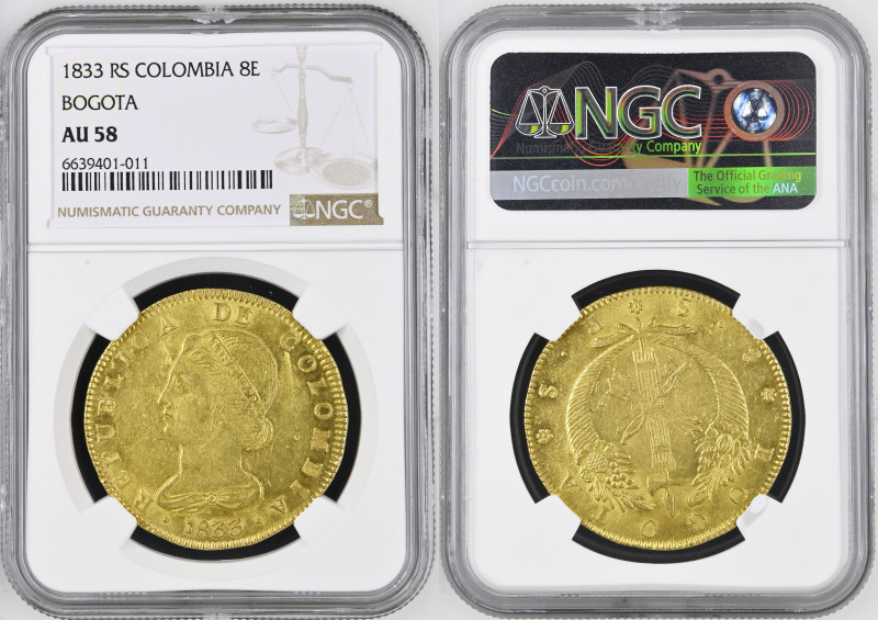 COLOMBIA Republic 8 Escudos 1833RS gold Gr.27,07. KM82.1; BOGOTA’. NGC AU58 (n.6...