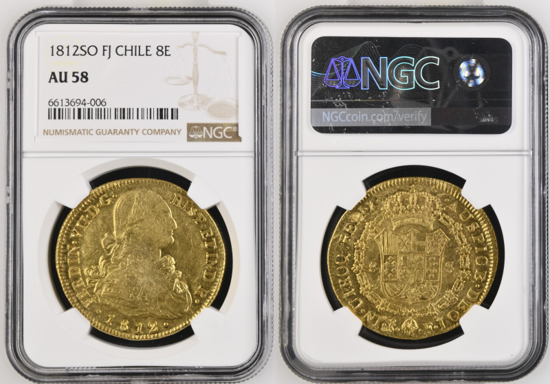 CHILE King Ferdinand VII (1808-1833) 8 Escudos 1812SO FJ gold Gr.27,07. CALICO’1...